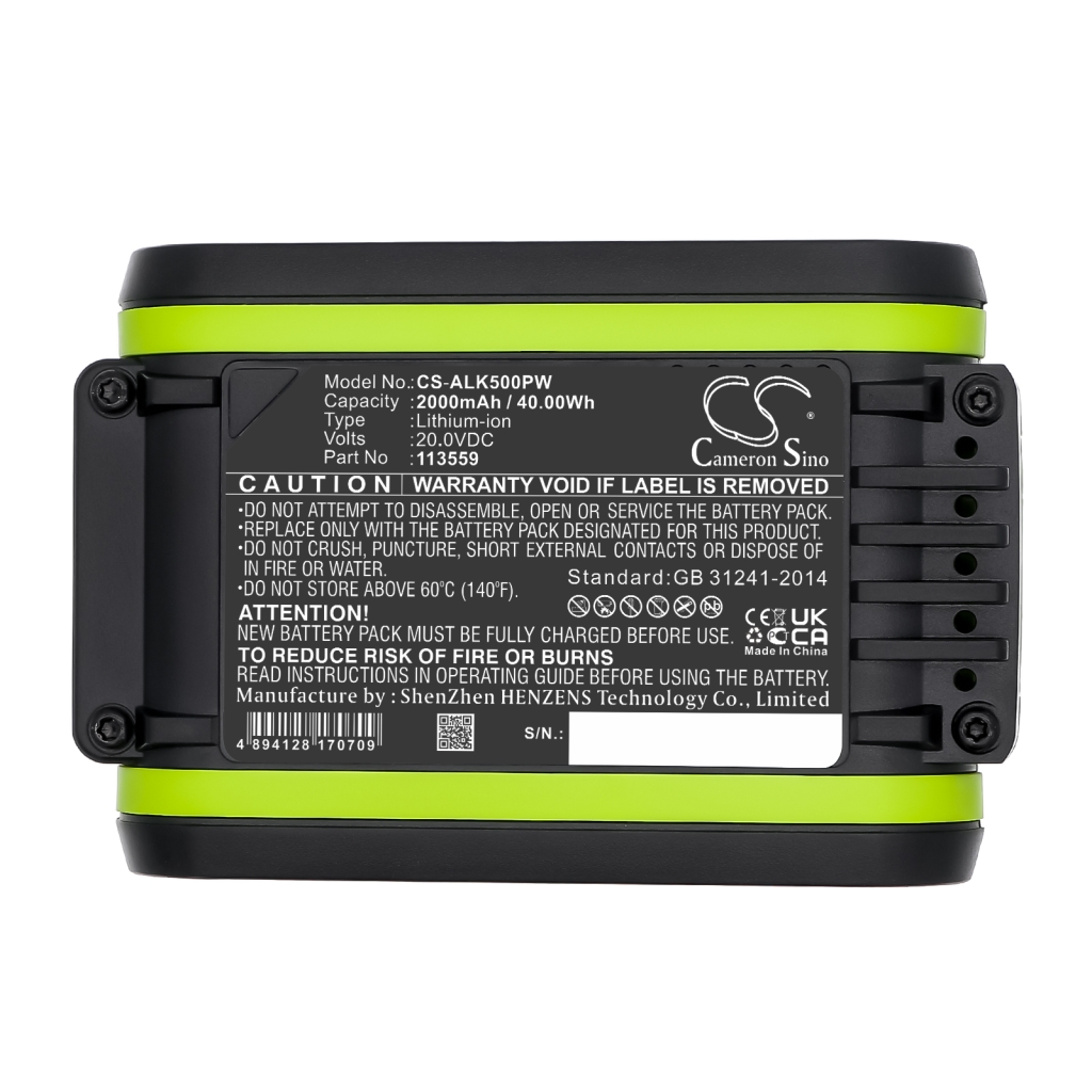 Štítek baterie CS-ALK500PW, čitelný: 20V 2000mAh 40Wh Li-ion