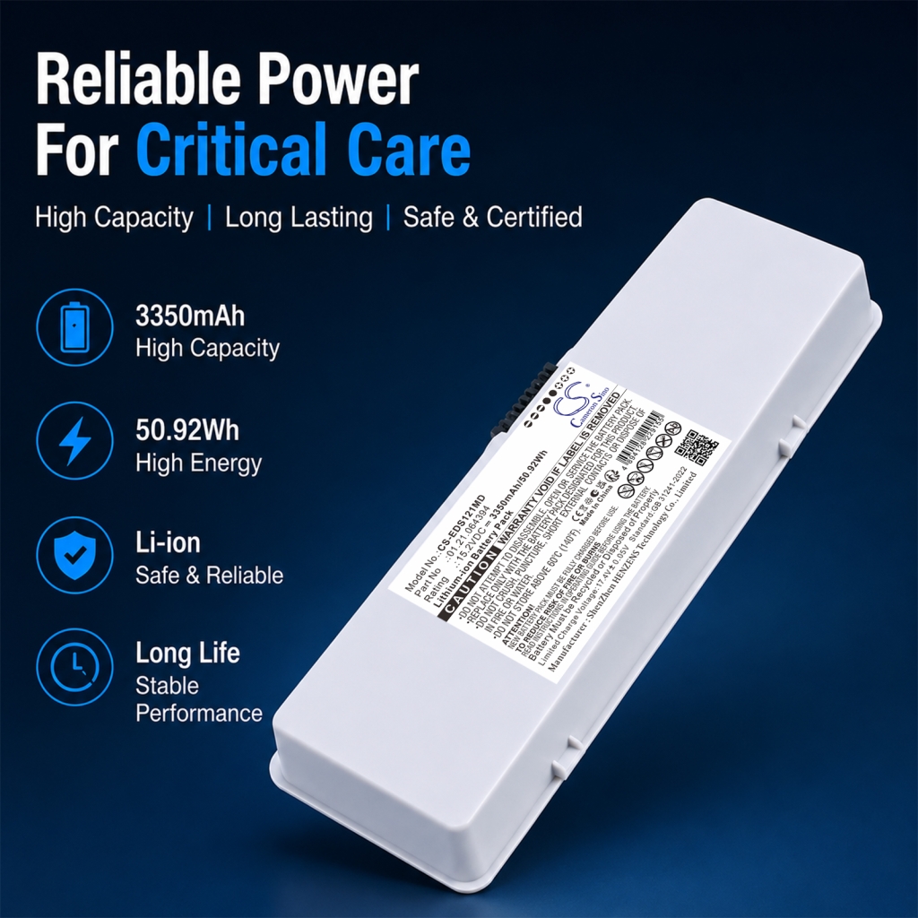 CS-EDS121MD – marketingový obrázek 'Reliable Power for Critical Care' s bílým akumulátorem