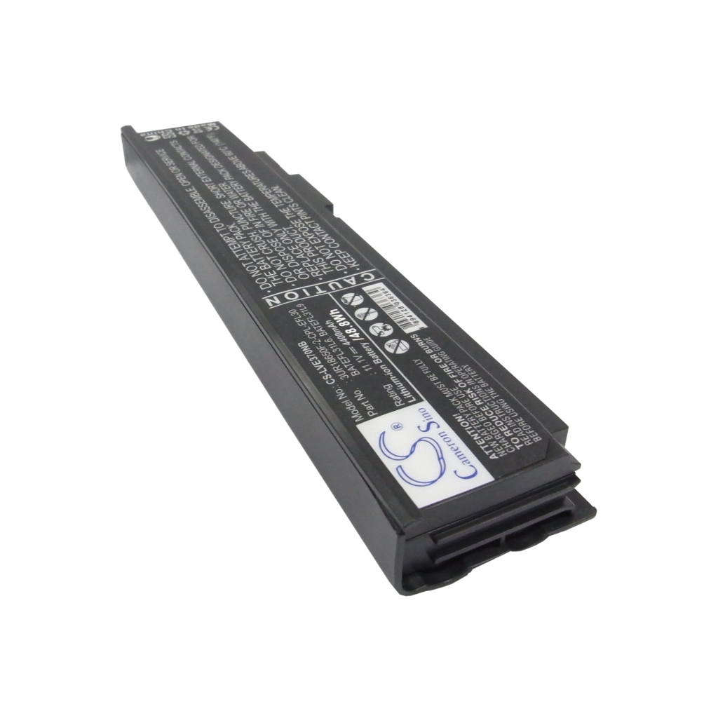 Čierna batéria notebooku CS-LVE370NB, šikmý pohľad na stranu s výstrahami