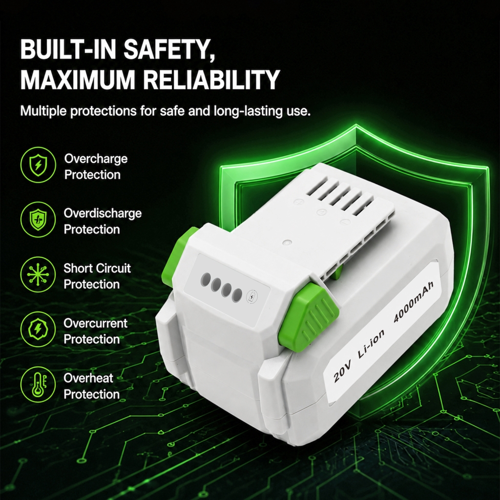 Cameron Sino CS-WRK126PW 20V Li-ion battery marketing image showing safety protections